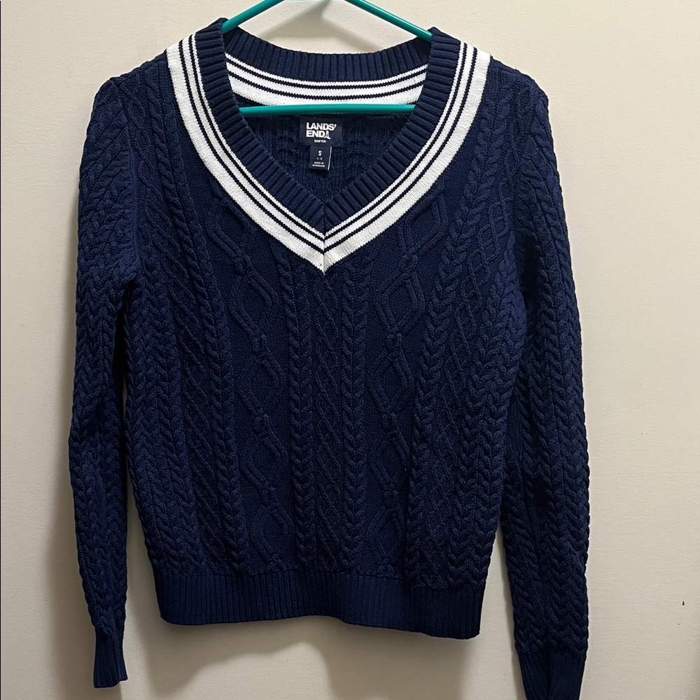 Lands' End Women's Navy V-Neck Cable Sweater